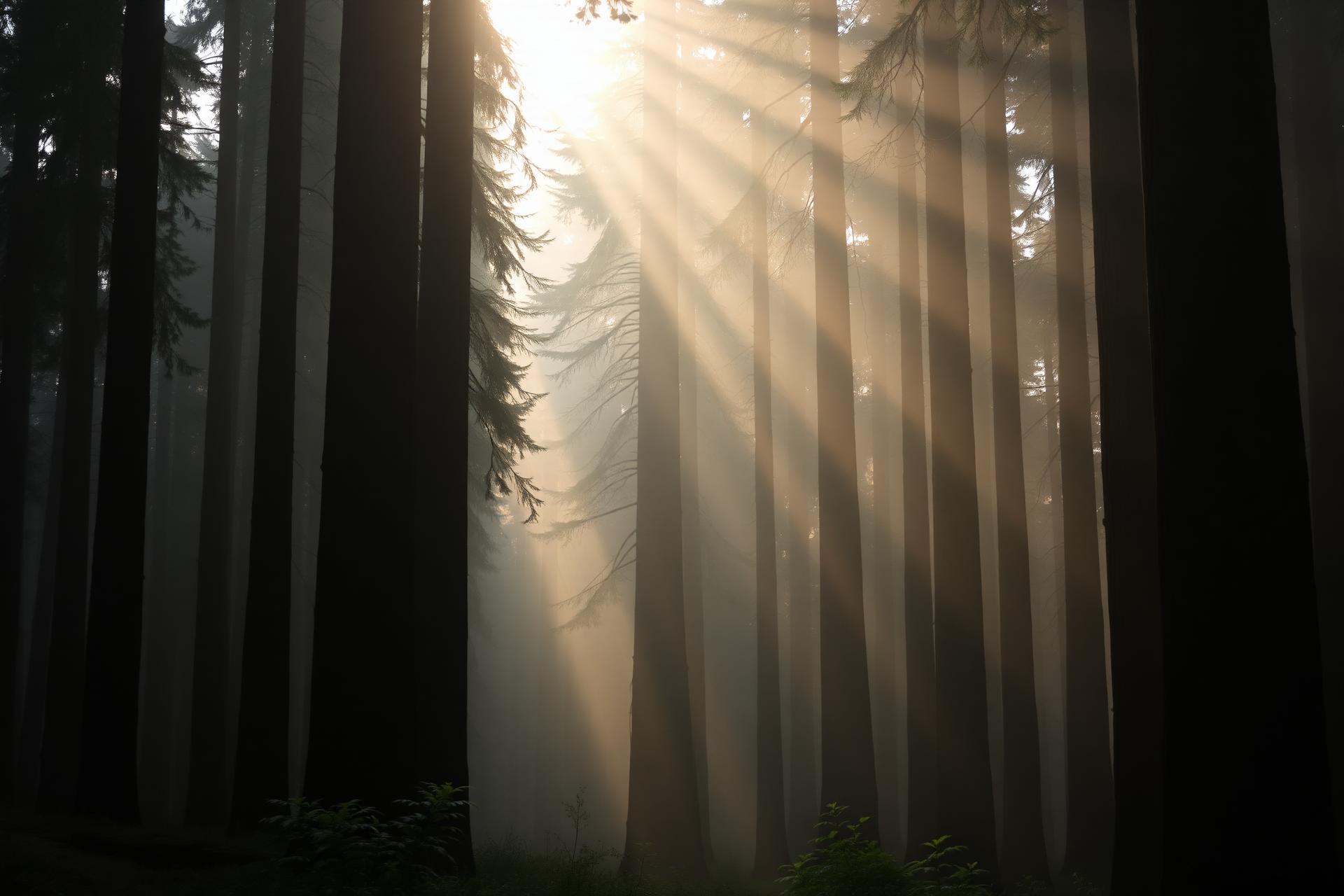 Sunlight filtering through tall redwood trees